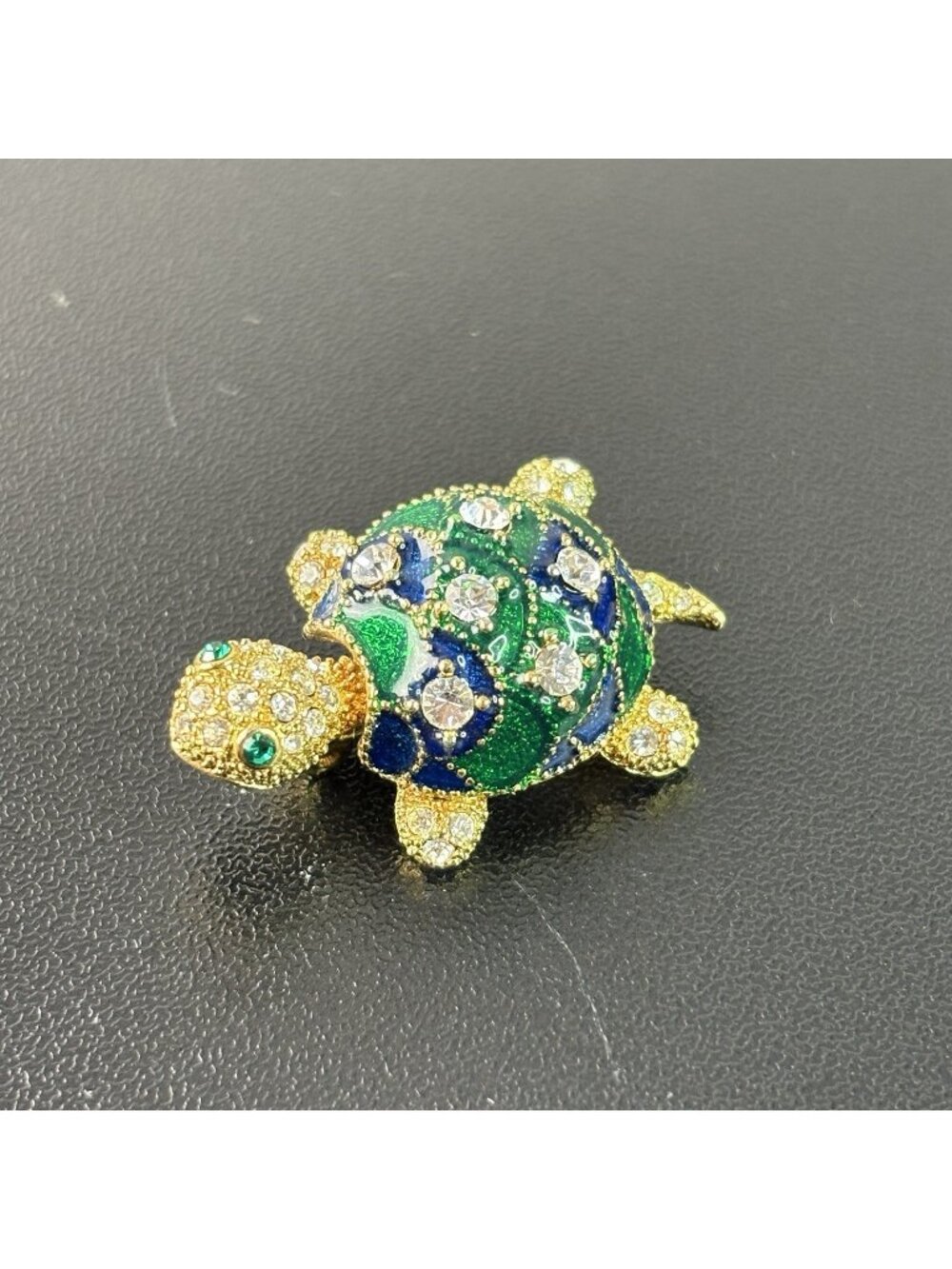 Vintage Gold Tone Brooch Pin Turtle Green Blue Enameled Shell Rhinestone 1.25"